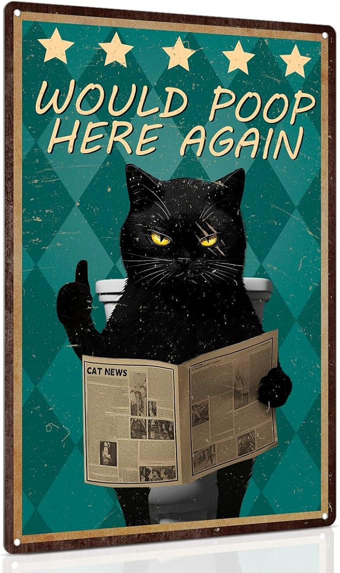 Funny Black Cat Metal Sign - Would Poop Here Again - Bathroom Home Wall Litter Box Decor Cute Gif... | Amazon (US)