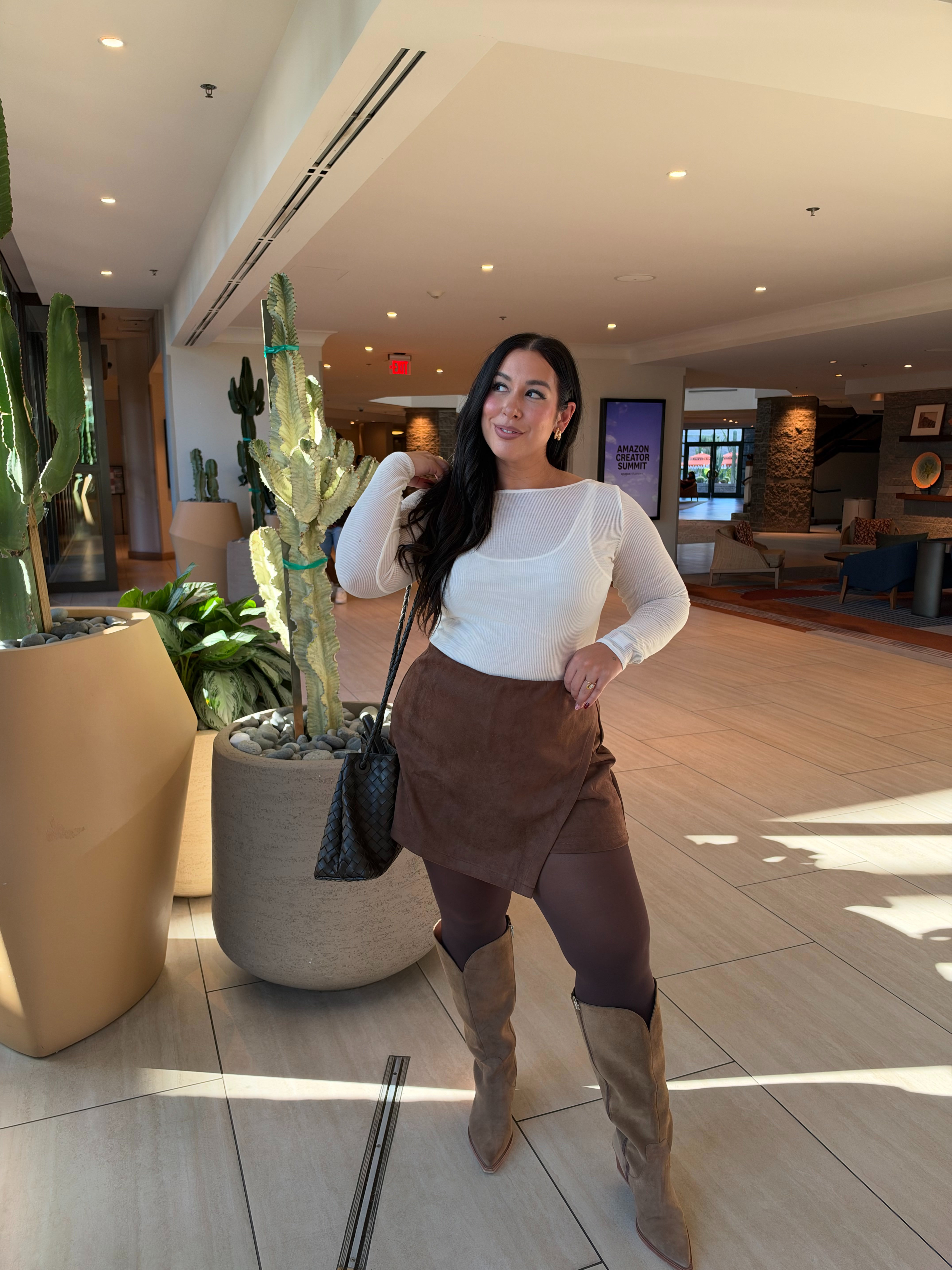 How cute is this fall outfit?! I am loving the suede skirt and it’s soft belly approved. Wearing an XL on top and bottom. Midsize, midsize fashion, fall fashion, fall, amazon summit 

 #LTKSeasonal #LTKMidsize