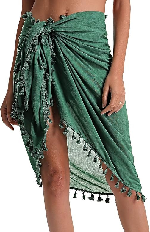 Eicolorte Beach Sarong Pareo Womens Semi-Sheer Swimwear Cover Ups Short Skirt with Tassels | Amazon (US)