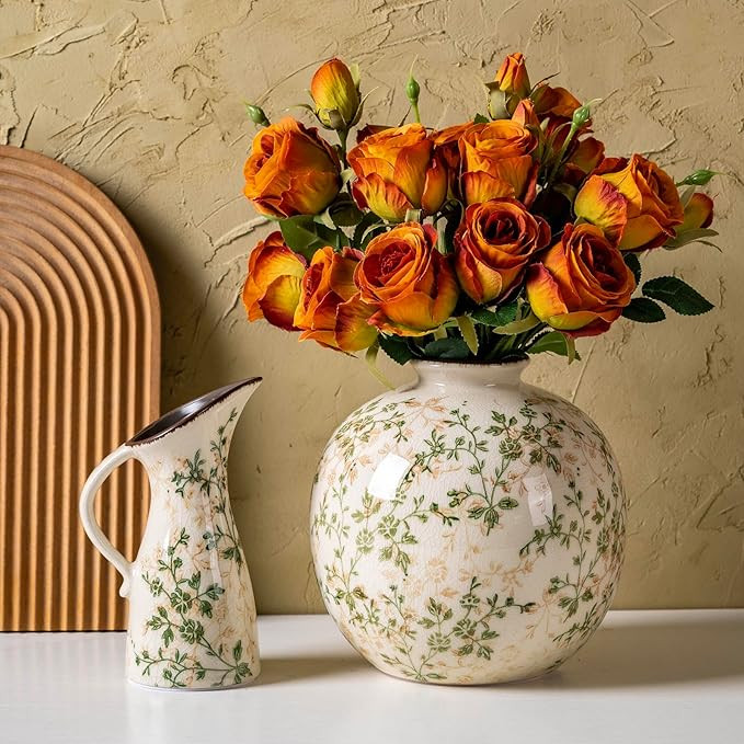 Set of 2 Vases, Green and Beige Pastoral Vintage Vase Set for Flowers, Rustic Farmhouse Decorativ... | Amazon (US)