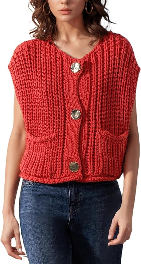Womens Casual Chunky Knit Vest Gold Button Down Crop Crochet Sleeveless Sweater Vest | Amazon (US)
