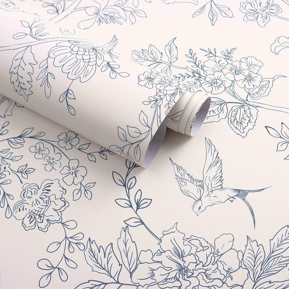Cream White and Blue Floral Wallpaper Peel and Stick Wallpaper 17.7"x118.1" Vintage Floral Peel a... | Amazon (US)