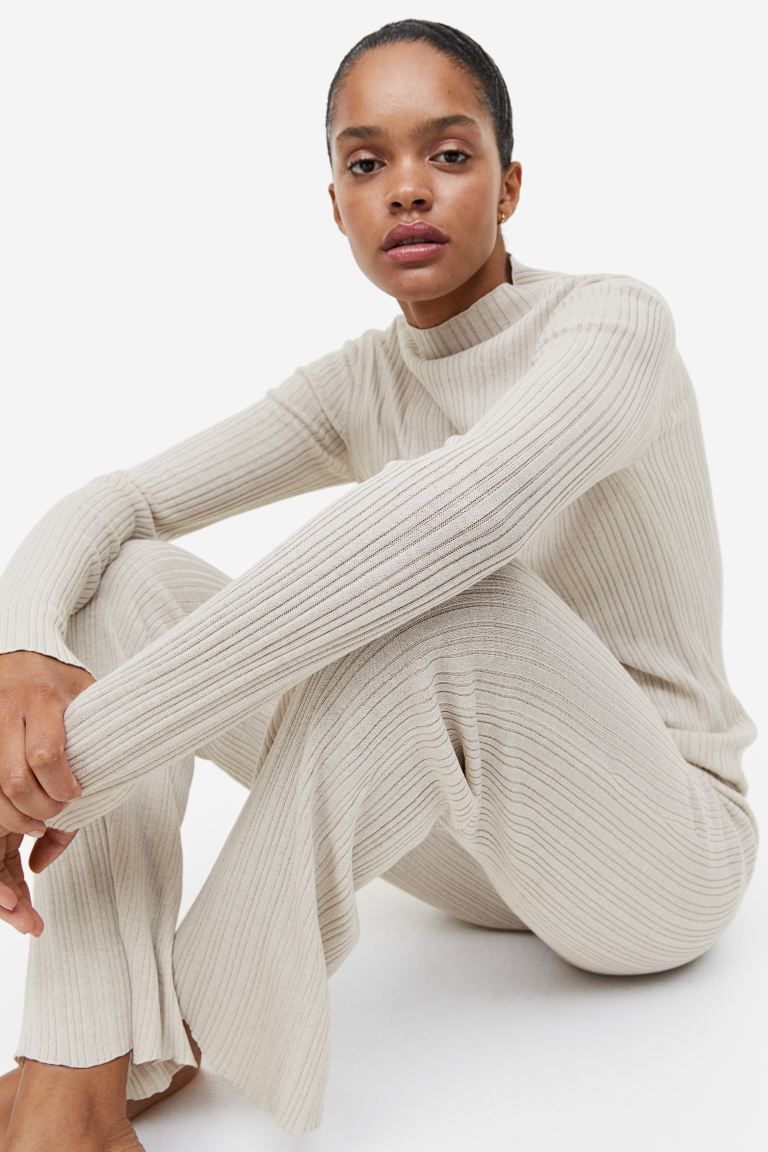 Rib-knit flared trousers - Beige - Ladies | H&M US | H&M (US + CA)