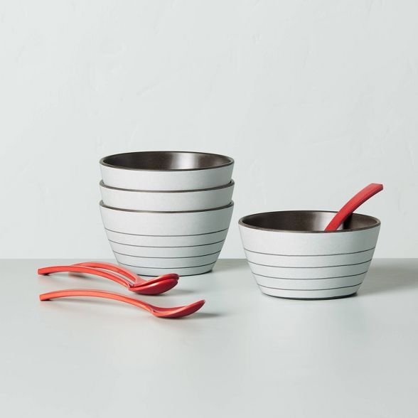 8pc Bamboo Melamine Stripes Dessert Bowl & Spoon Set Light Gray - Hearth & Hand™ with Magnolia | Target
