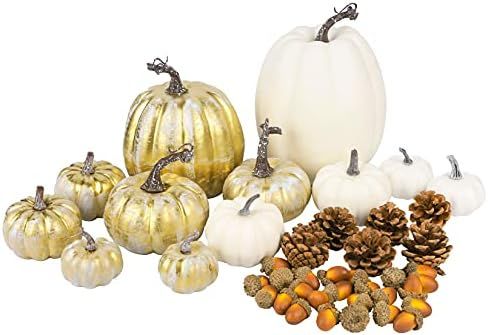 12 Pcs Artificial Pumpkins Decor Bulk Fake White Gold Pumpkins with Acorns Pinecones for Hallowee... | Amazon (US)