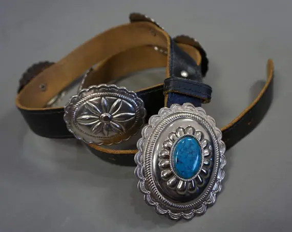 Vtg Genuine Leather Belt || Southwestern Belt Aztec Western Native Conchos || Faux Turquoise || Blac | Etsy (US)