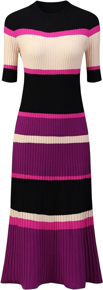 Women's Knit Striped Dresses Short Sleeve Midi Ribbed Sweater Dress | Amazon (US)