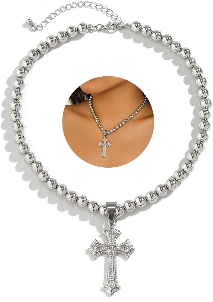 Punk Titanium Cross Necklace Hip-hop Creative Bead Necklace Silver Cross Pendant Necklace Jewelry... | Amazon (US)