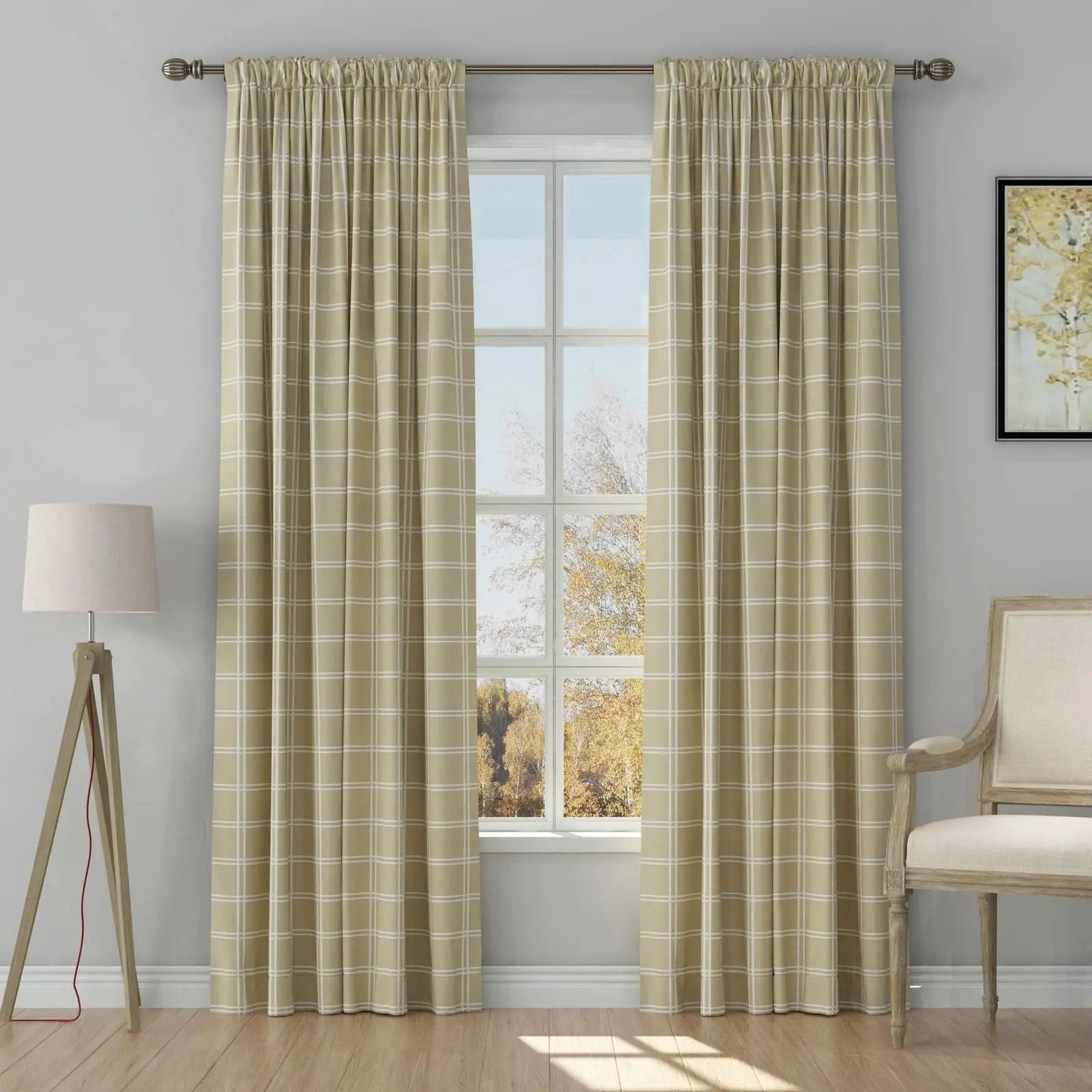 Stefana Silber Print Linen Curtain Drapery Soft Top - Double Windowpane khaki white DW40 | TWOPAGES