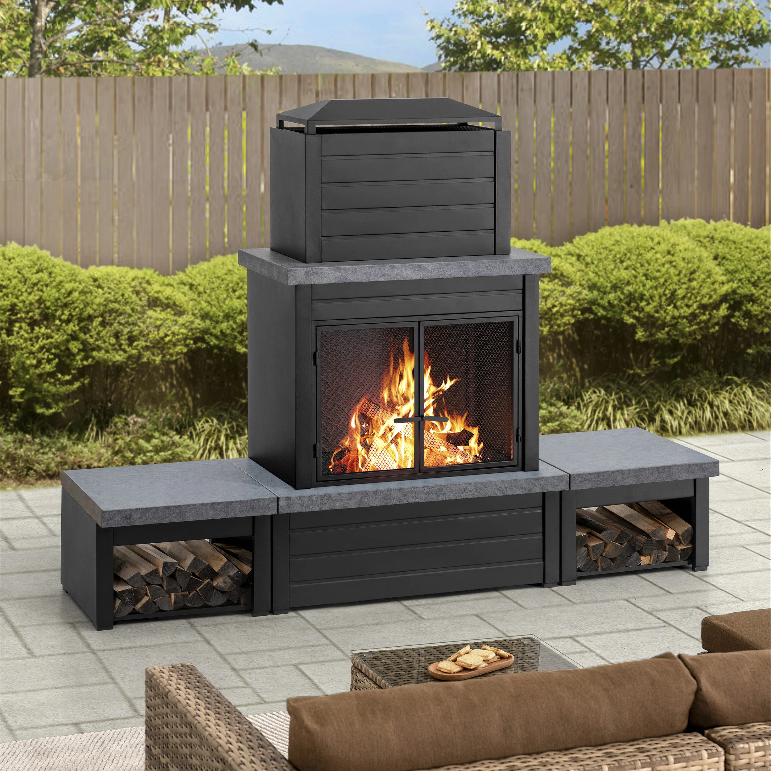 Sunjoy Outdoor Fireplace, Patio Wood Burning Steel Fireplace with Chimney, Log Holders, Fireplace... | Wayfair North America