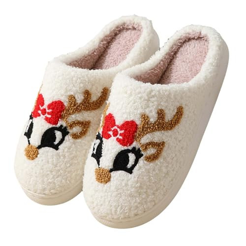 Pimfylm christmas slippers Women's Christmas Slippers Fluffy Warm Fleece Slippers Winter Soft Cozy Home Non-Slip Soft Wool Lined House Shoes Reindeer | Amazon (US)