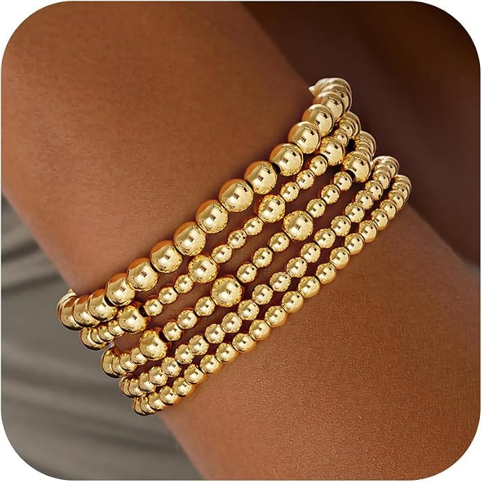 Gold Bracelets for Women, 14K Gold Plated Beaded Bracelets Gold Strand Bead Ball Bracelet Stack S... | Amazon (US)