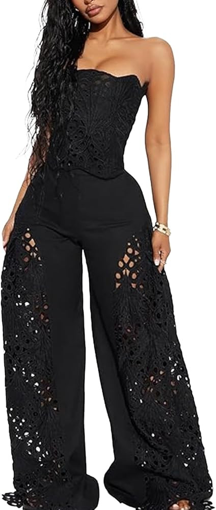 Mandonce 2 Piece Sets for Women Off Shoulder Lace Tube Top and Lace Flowy Wide Leg Pants Beach Va... | Amazon (US)