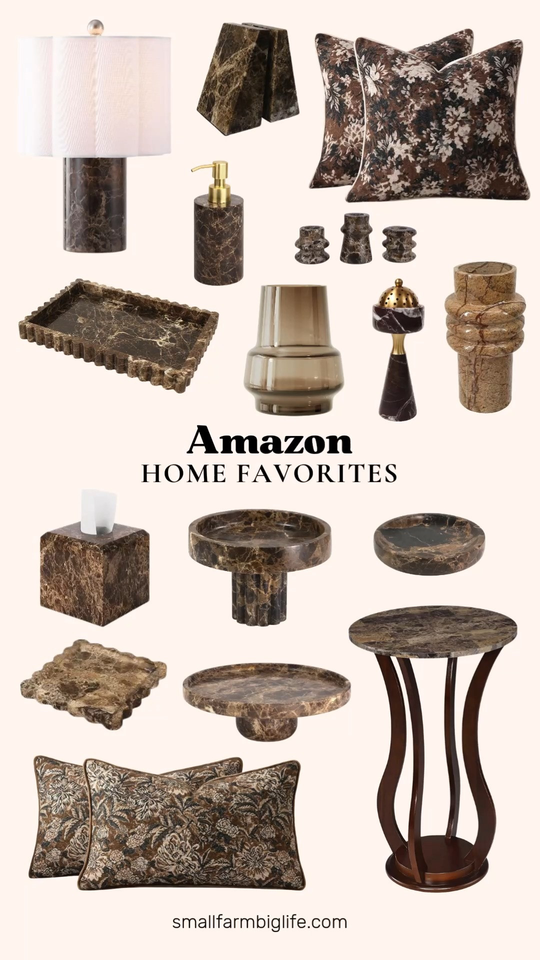 Dark brown marble is a warm, elevated way to style a home this fall, and this lineup covers nearly every surface in the house. The marble jewelry dish and the marble tray with ball feet are both perfect for a dresser or entryway table, while the fluted edge marble vanity tray brings that same natural stone texture to a bathroom counter.

For living room and coffee table styling, the scalloped brown marble tray and the marble pedestal tray with a built in candle holder are easy ways to add texture and function. The marble bookends and the wood plant stand with a faux marble top both bring a subtle, sophisticated touch to a shelf or living room corner.

Lighting gets a marble upgrade too, the Safavieh channel tufted marble table lamp is a beautiful statement piece for an end table or nightstand. In the bathroom, the marble soap dispenser and the marble tissue box cover bring a cohesive, elevated look to everyday essentials.

Soft textiles round things out nicely. The coffee brown vintage floral chenille pillow covers and the botanical jacquard woven pillow cover both add a cozy, farmhouse feel to a sofa or bed. Finish the space with the marble taper candle holders, the marble incense burner with a brass cover, or the amber and brown marble vases for a warm, tabletop centerpiece.

#amazonhome #falldecor #amazonfinds #marbledecor #fallhome 

 #LTKSeasonal #LTKHome