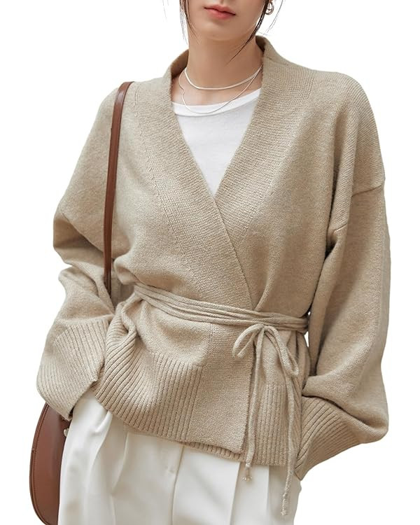 WDIRARA Women's Wrap V Neck Long Sleeve Tie Front Belted Cardigan Casual Sweater | Amazon (US)