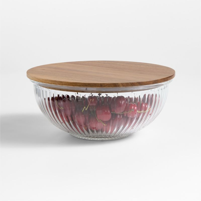 Medium Plisse Fluted Glass Bowl with Acacia Lid by Laura Kim + Reviews | Crate & Barrel | Crate & Barrel