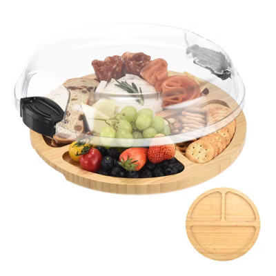 Unique Bargains Bamboo Portable Dual-function Round Charcuterie Board with Lid and Handle Black 3 Compartments（Without handle） | Target