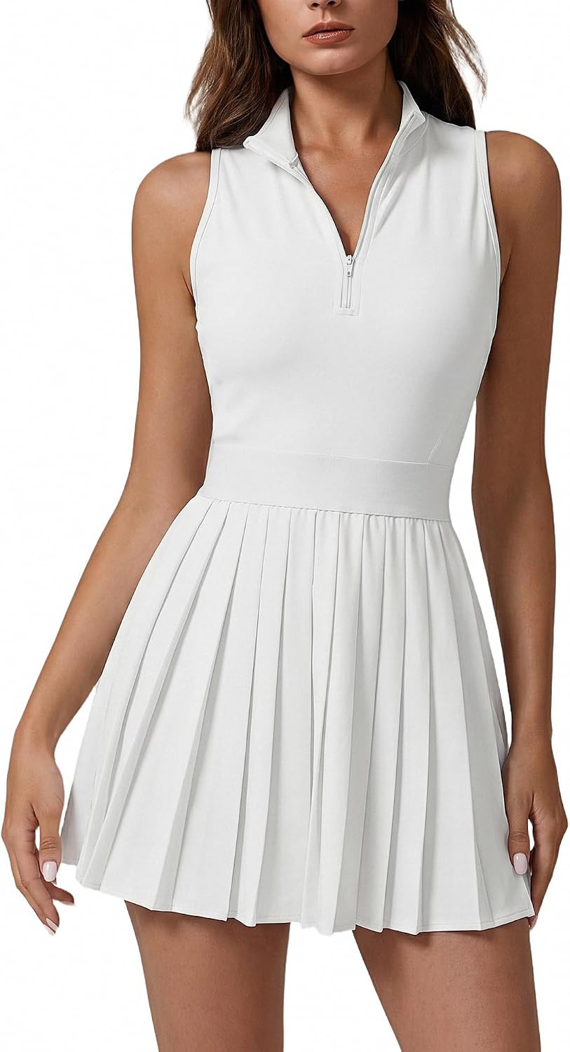 QINSEN Womens Zip Front Tennis Dress High Neck Pleated Sleeveless Two Pieces Golf Athletic Dress with Pockets | Amazon (US)