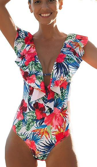 SPORLIKE Women One Piece Swimsuit V-Neck Ruffle Bathing Suit Padded Monokini | Amazon (US)