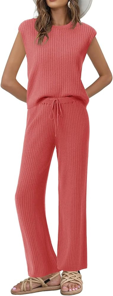 Imily Bela Womens 2 Piece Outfits Sweater Sets Knit Summer Casual Crewneck Sleeveless Tops Wide L... | Amazon (US)