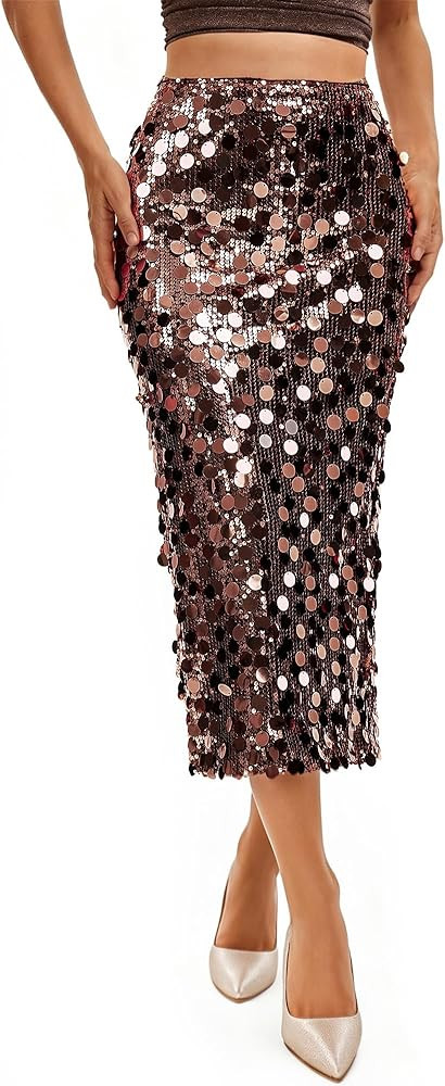 JASGOOD Sequin Skirt for Women Elastic High Waist Midi Skirt Side Slit Stretchy Sparkle Skirts fo... | Amazon (US)