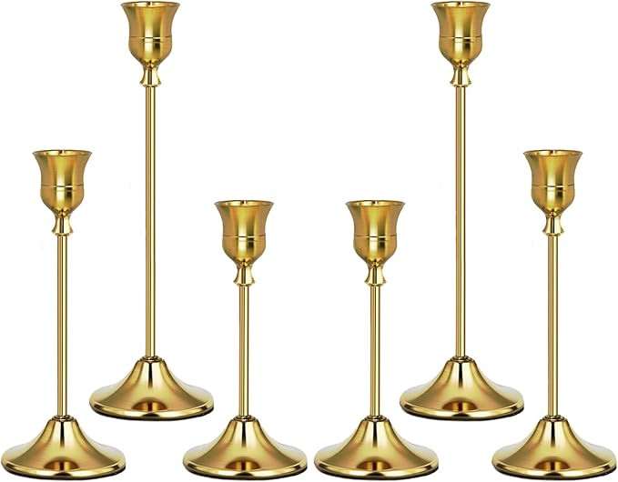 Gold Candlestick Holders Set of 6, Weighted, Metal Taper Candle Stick Holders, Vintage Christmas ... | Amazon (US)