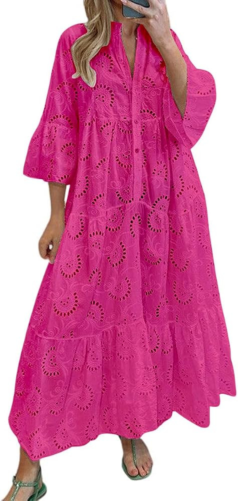 chouyatou Women's 2024 Lace Eyelet Embroidery Maxi Dress V-Neck Trumpet Sleeve Boho Flowy Swing D... | Amazon (US)
