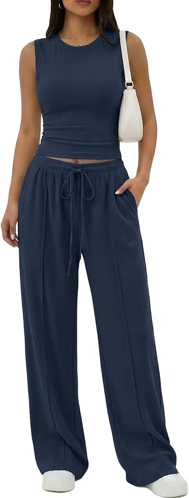 Women\u2019s 2 Piece Outfits for Women Summer Casual Travel Outfits Sleeveless Tank Top with Wide... | Amazon (US)
