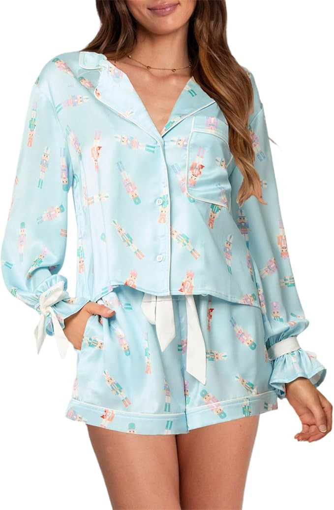 Christmas Pajama Shorts Sets for Women Bow Tie Long Sleeve Button Down Shirt and Shorts 2 Piece L... | Amazon (US)