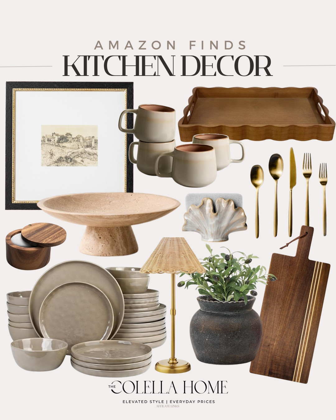 Kitchen decor includes framed art, coffee mugs, tray, flatware, sponge holder, charcuterie board, vase, greenery stems, table lamp, dinnerware, salt cellar, and fruit bowl.

Home decor, kitchen decor, kitchen refresh, neutral home decor 

#LTKFindsUnder100 #LTKHome #LTKFindsUnder50