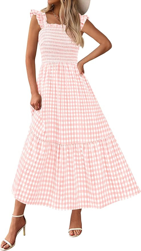 PRETTYGARDEN Womens Summer Dress Casual Square Neck Ruffle Strap Gingham Smocked Midi Flowy A Lin... | Amazon (US)