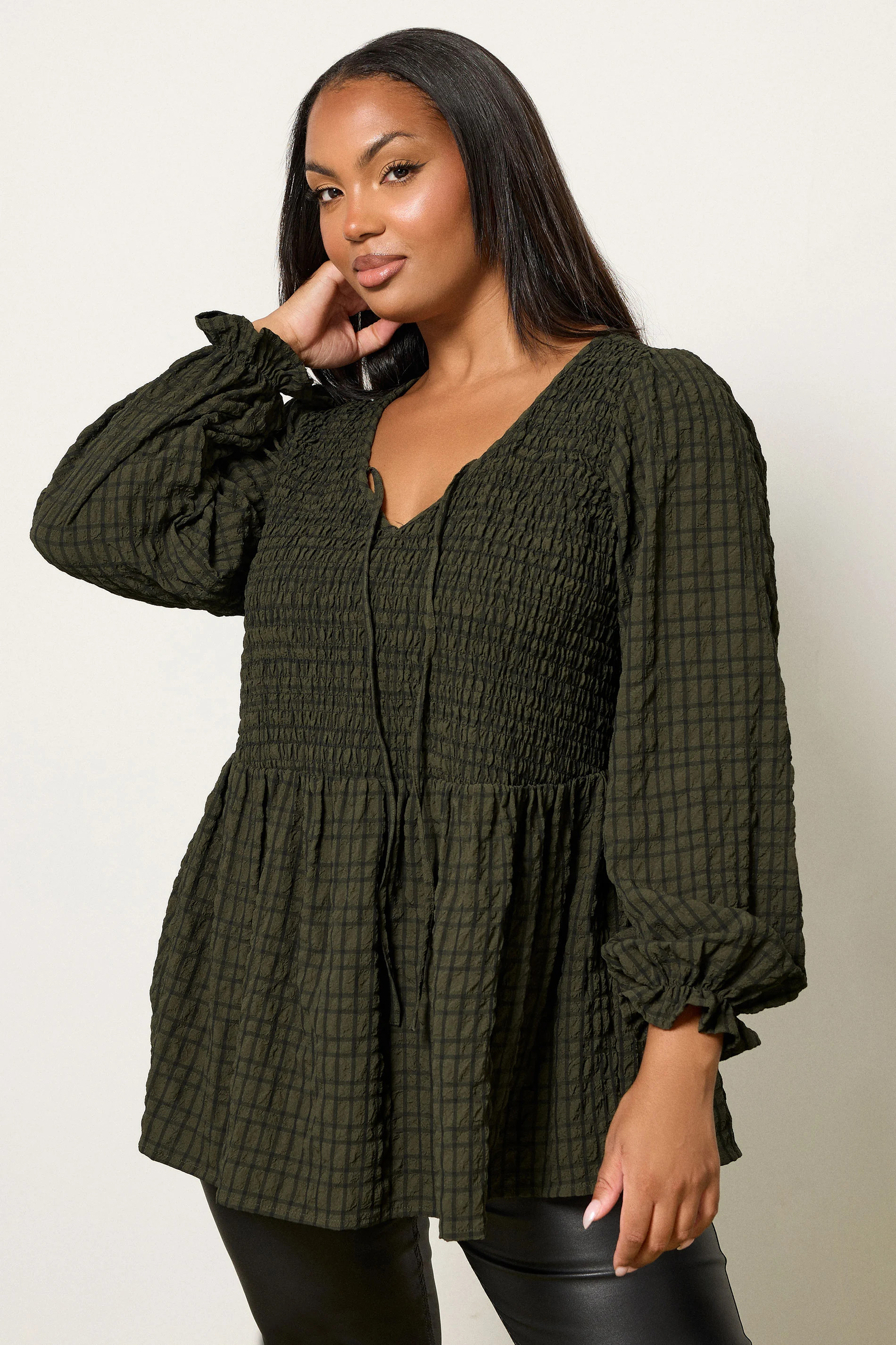 YOURS Plus Size Khaki Green Check Peplum Top | Yours Clothing UK