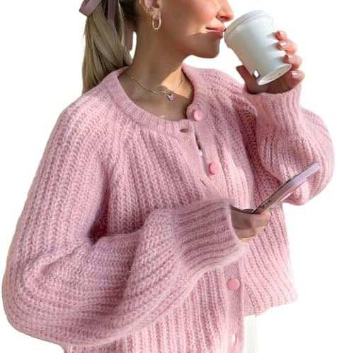 VDWIP Women's Cardigan Sweaters Button Down Open Front Chunky Cardigan Long Sleeve Cropped Y2k Kn... | Amazon (US)