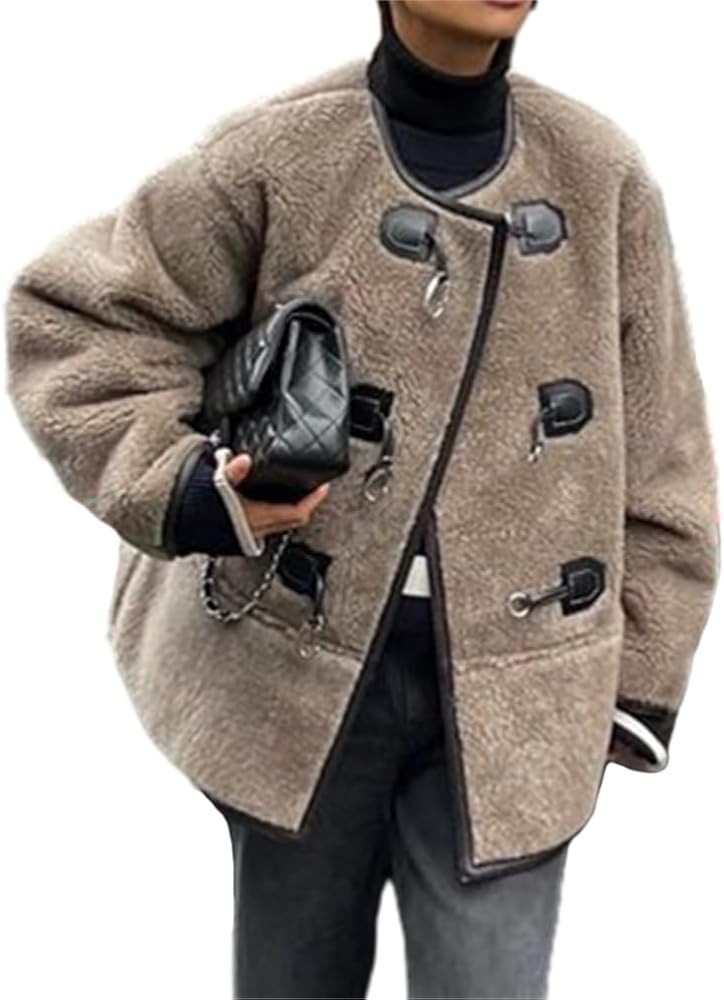 HOULENGS Women's Long Sleeve Sherpa Fleece Jackets Button Down Faux Fuzzy Coat Winter Warm Outwea... | Amazon (US)