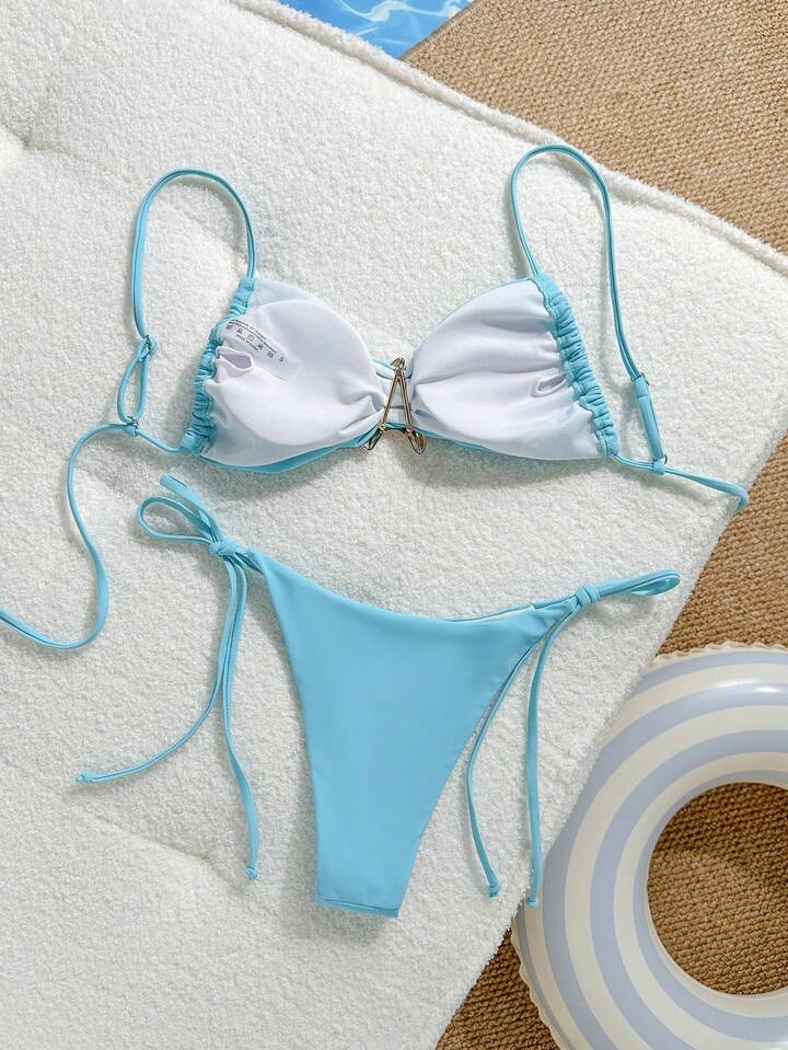 SHEIN Swim Mod Casual Holiday Solid Color Spaghetti Strap Star Accent And Side Tie Triangle Bikin... | SHEIN