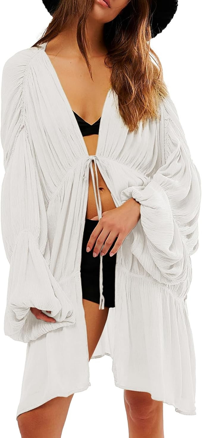 Duyang Women Boho Chiffon Swimsuit Coverup Ruched Bell Sleeve Bathing Suit Flowy Tie Front Tops C... | Amazon (US)