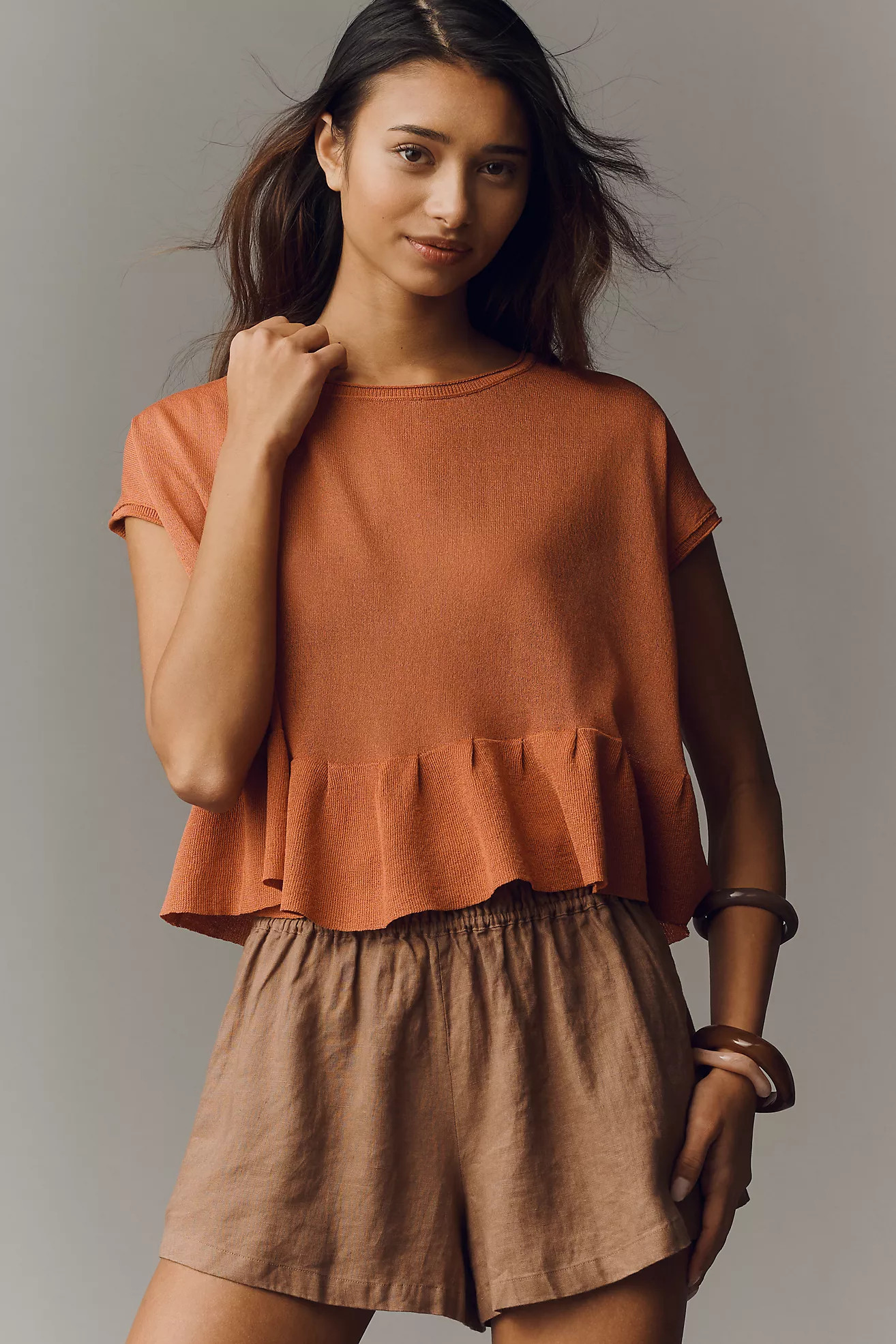 By Anthropologie Short-Sleeve Crew-Neck Ruffle Swing Sweater | Anthropologie (US)