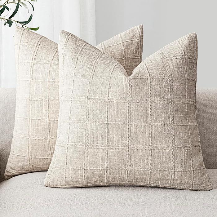 Foindtower Set of 2 Decorative Linen Check Throw Pillow Covers Neutral Farmhouse Vintage Cushion ... | Amazon (US)