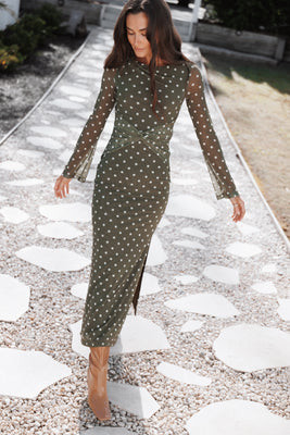 Nash Long Sleeve Dress - Olive Green Polka Dot | Petal & Pup (US)