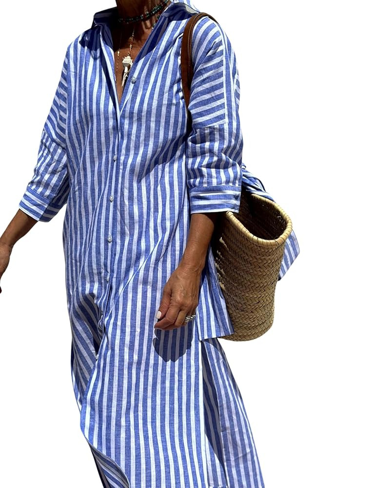 Hooever Shirt Dresses for Women Casual Long Sleeve Button Down Loose Striped Cotton Maxi Shirt Dr... | Amazon (US)