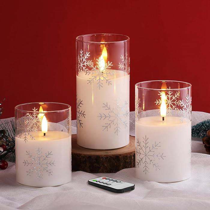 Clear Snowflakes Christmas Flameless Candles with Remote, Flickering Battery LED Pillar Candles S... | Amazon (US)