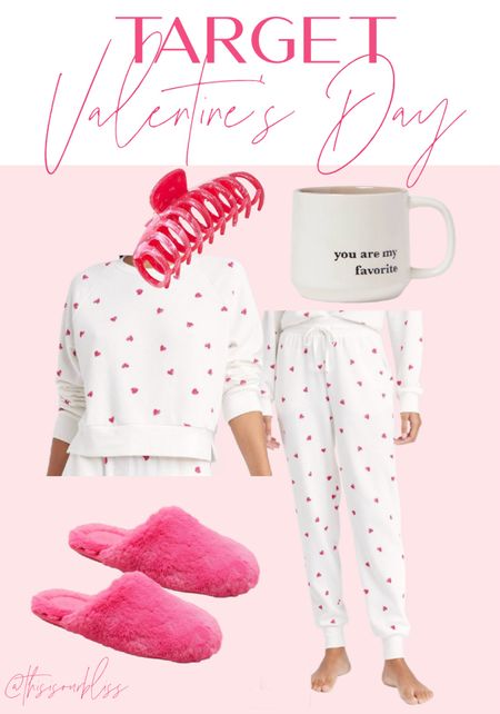 Valentine’s Day outfit Inspo! 💕Cutest heart loungewear! 🩷Sweatshirt and bottoms, come as separates! 💕 pink slippers - only $10 

#LTKfindsunder50 #LTKstyletip #LTKsalealert