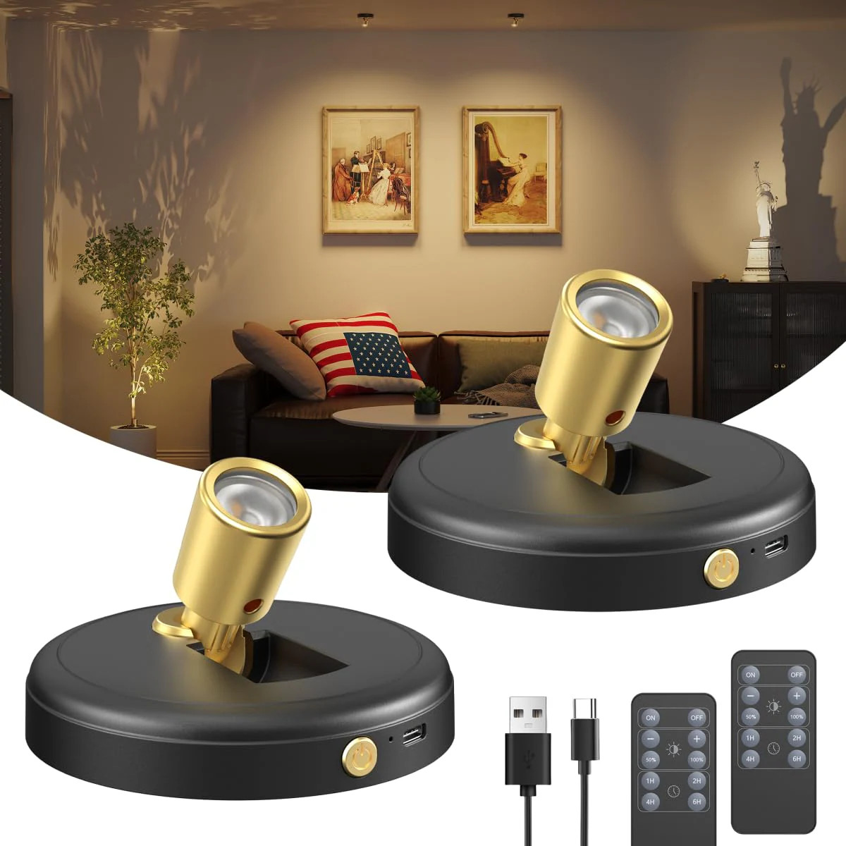 Vrbgify  Indoor LED Spotlight 2 Pack Wireless Accent Uplights 80 Lumen 3000K Warm White Magnetic Mount Remote Control 270 Degree Rotation for Artwork Plants Pictures | Lowe's