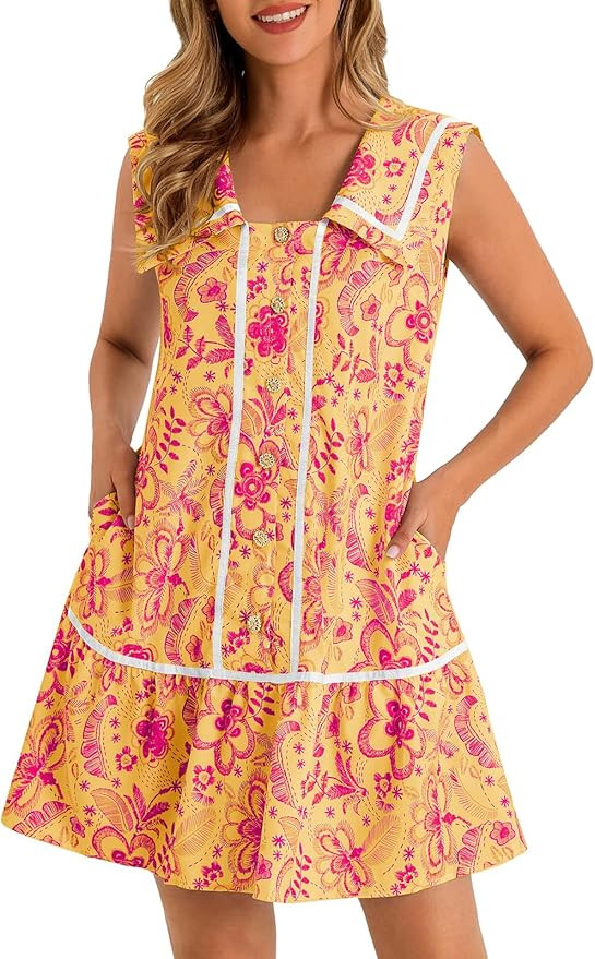 Wenrine Womens Mini Shirt Dress Casual Floral Sleeveless Collared Button Down Summer Dresses | Amazon (US)