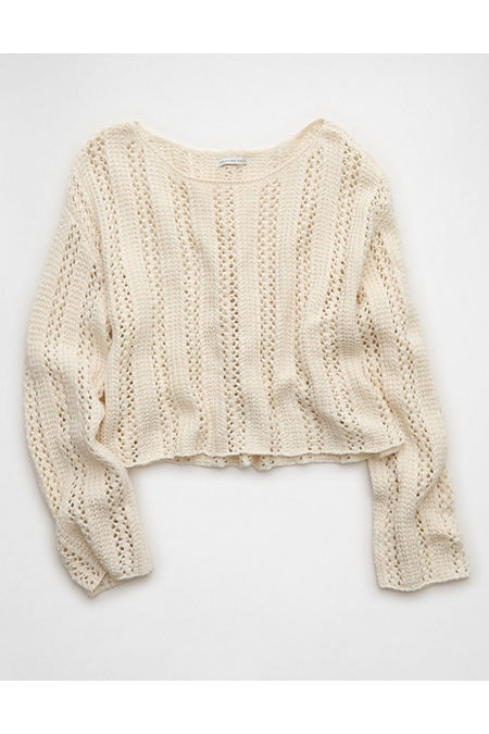 AE Cropped Crochet Boatneck Sweater Women's Cream S | American Eagle Outfitters (US & CA)