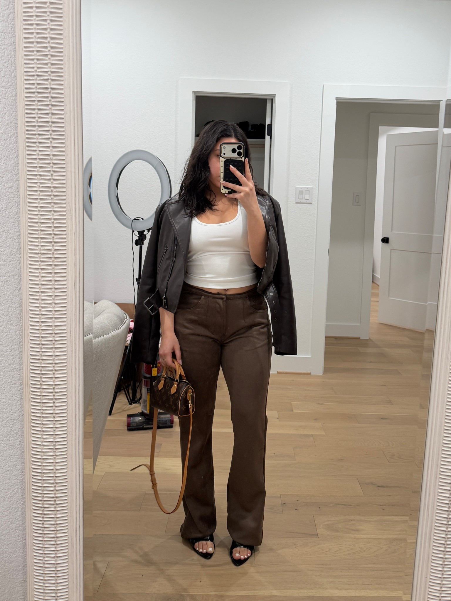 White Tank: small
Brown faux leather jacket: xs 
Suede: small
Black patent kitten heels: 6.5 
Nano speedy bag 


#LTKootd #LTKNYFW #LTKPetite