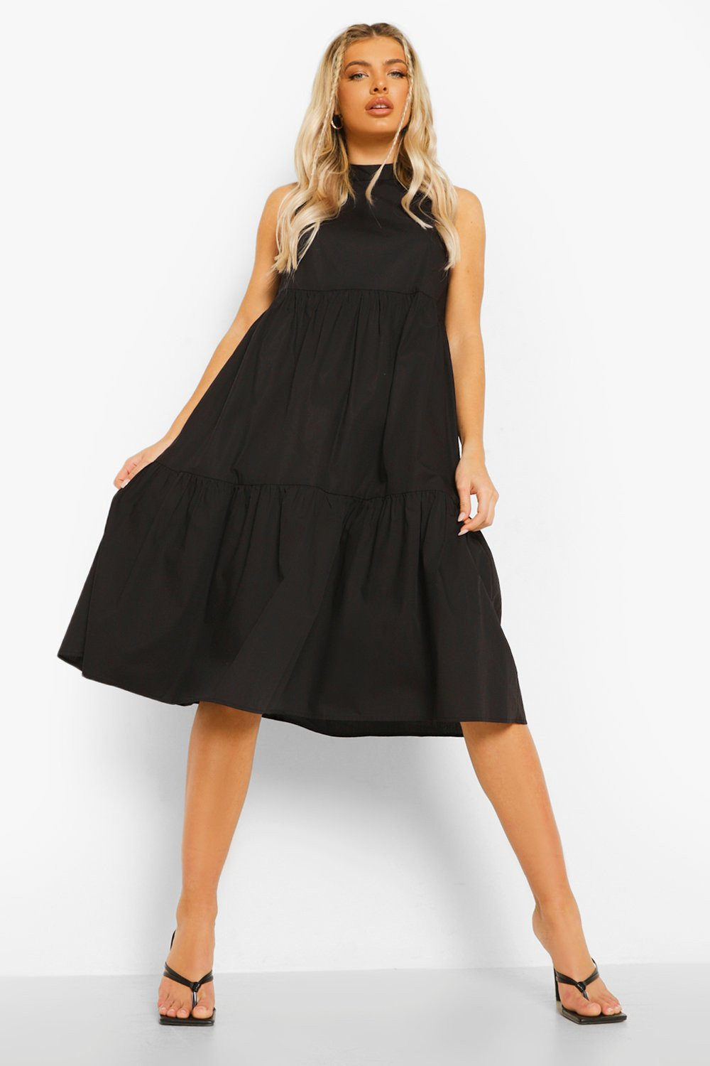 Cotton High Neck Tiered Midi Dress | Boohoo.com (UK & IE)