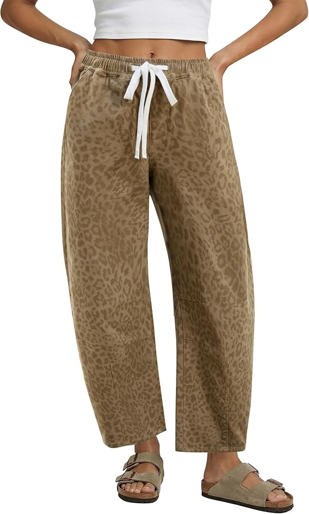GRAPENT Barrel Jeans for Women Trendy High Waisted Pull On Wide Leg Cropped Leopard Cheetah Print... | Amazon (US)