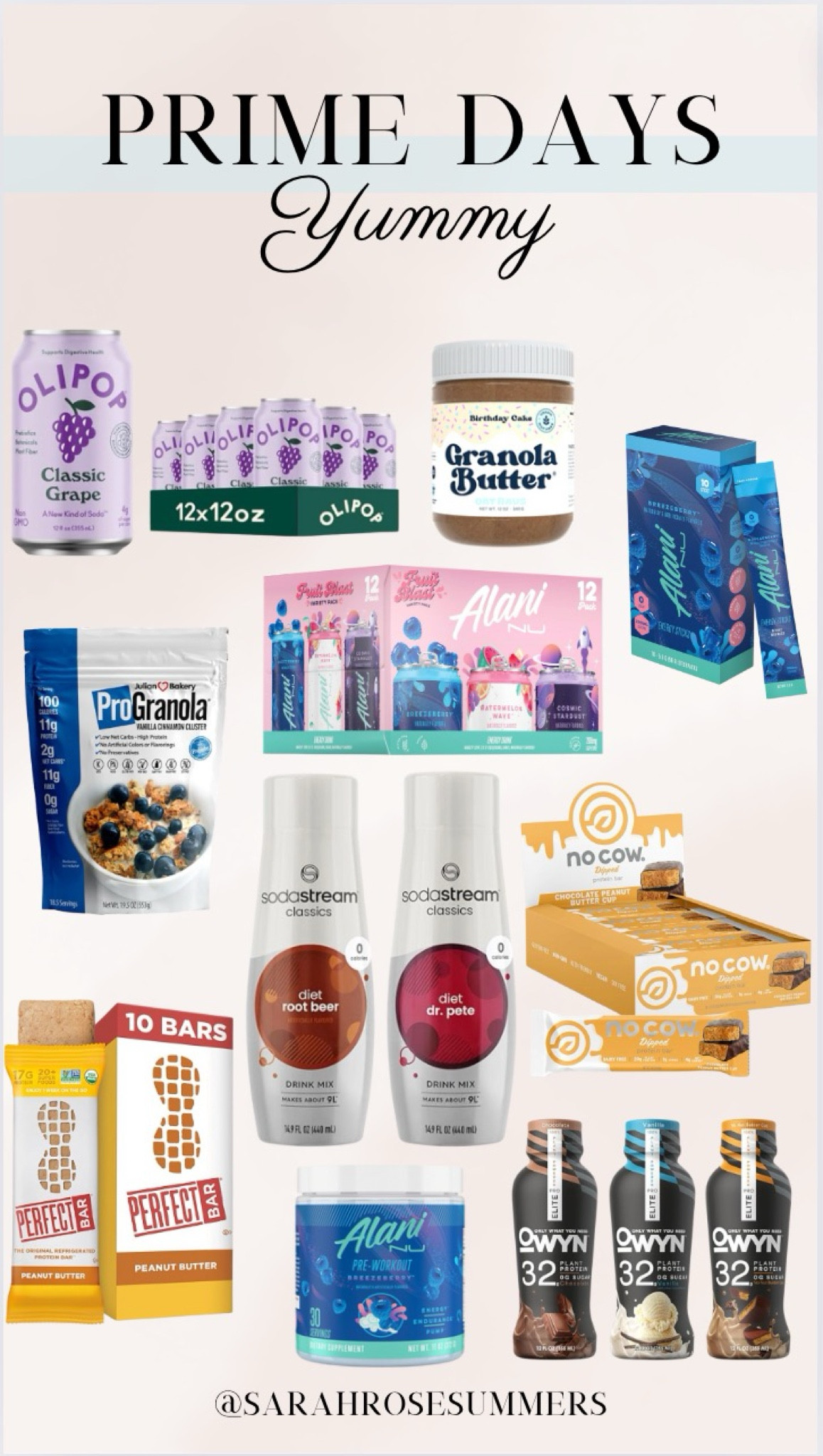 Prime Day Deals! Stock up on yummy snacks and drinks. Olipop on sale. Alani energy drink and alani preworkout. OWYN protein shakes. Soda Stream refills. Peanut Butter Perfect bars are a perfect snack for traveling and road trips. Granola butter. 

#LTKFamily #LTKSaleAlert #LTKTravel