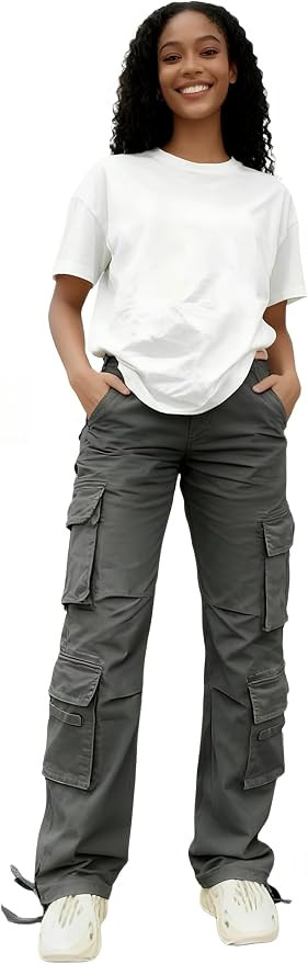 Womens Cargo Pants with Pockets High Waisted Straight Leg Casual Pants Ankle Cuff | Amazon (US)